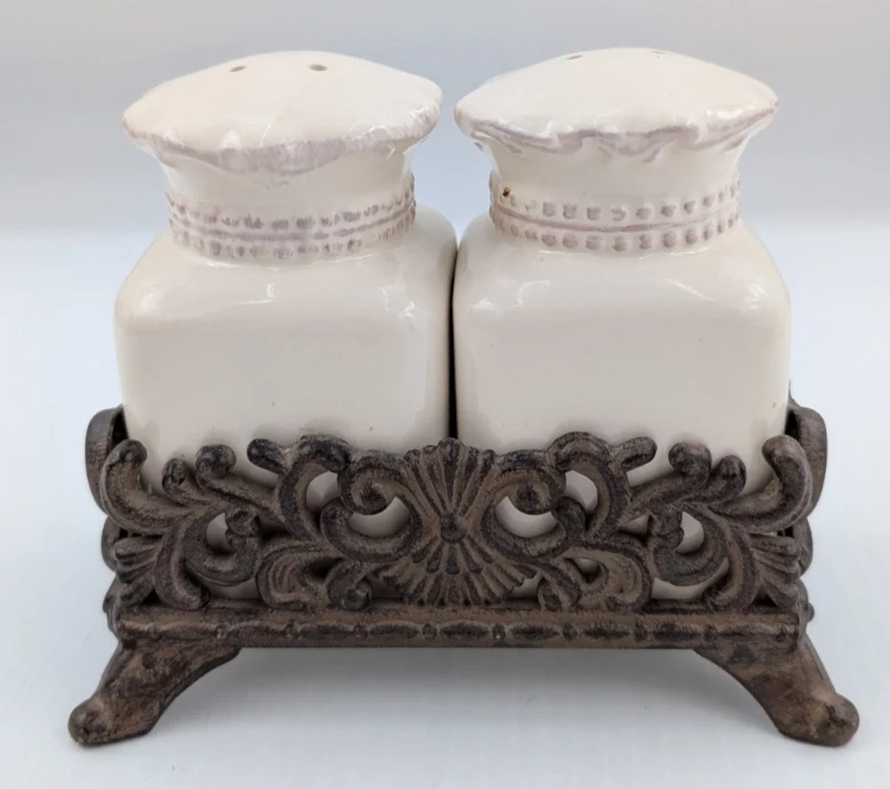 Chris Madden Foret Salt Pepper Shaker Set Metal Stand Embossed Stoneware JCPenny